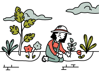 Woman gardening surrounded by various different plants