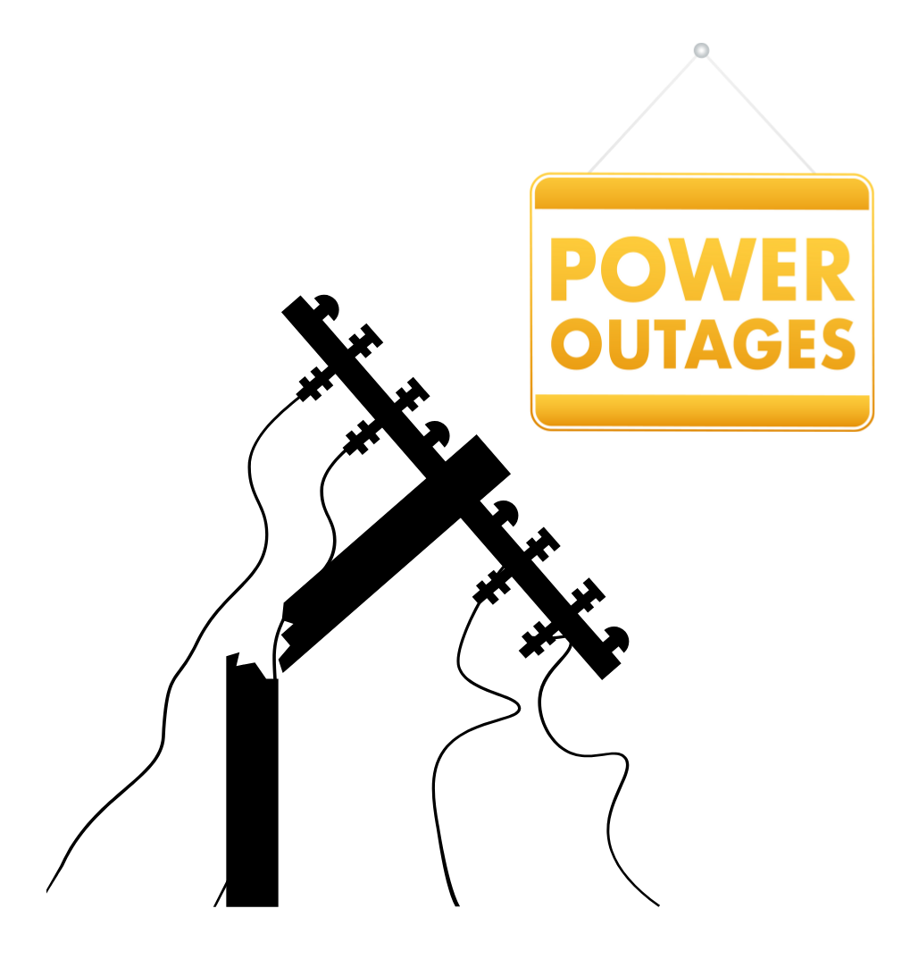 A black power line that split in half and the power lines fell into the water. There is also a yellow power outage sign hanging in the right hand corner