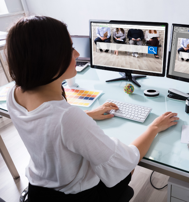 Woman at work with two monitors